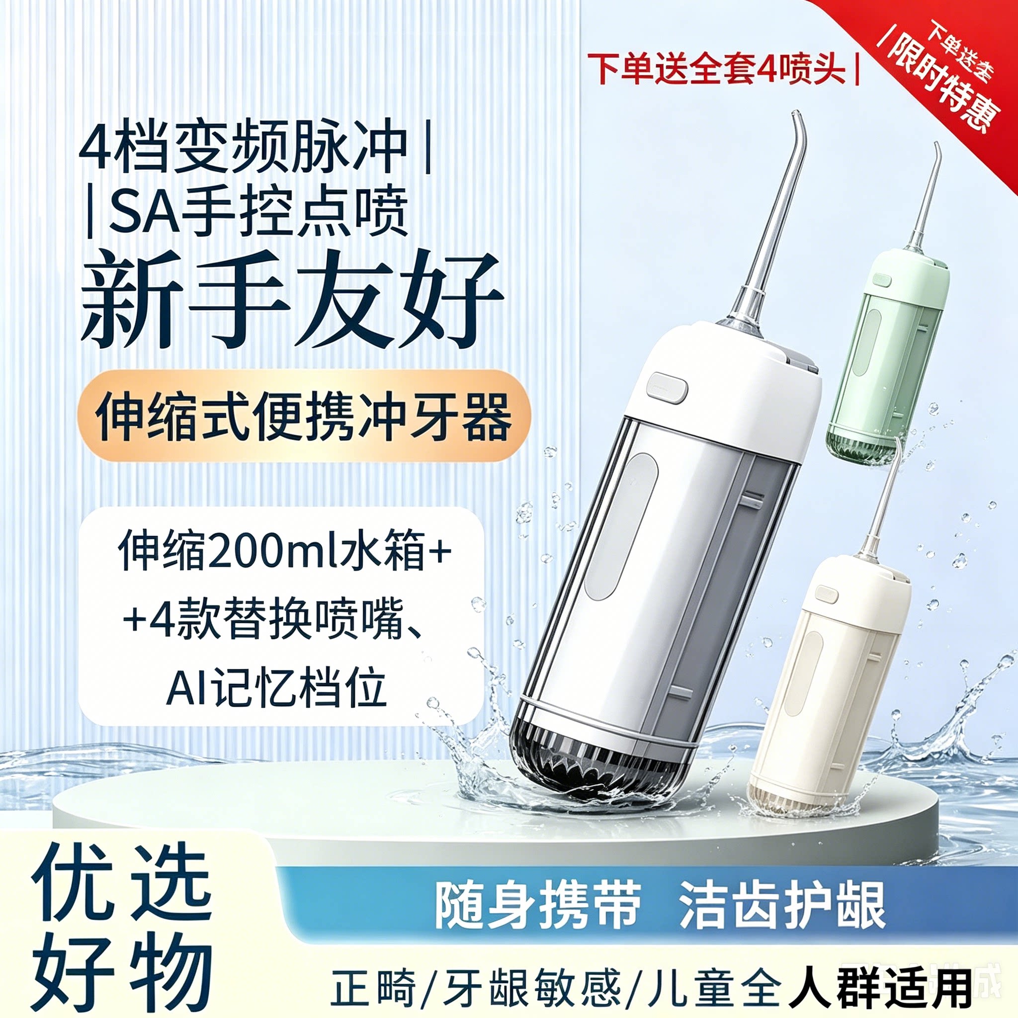 限时便携冲牙器4档变频200ml 伸缩水箱全家通用洁牙洗牙神器