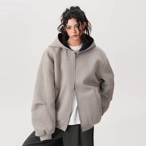 BWKA美式重磅双拉链廓形卫衣外套女男秋冬复古慵懒风撞色休闲开衫