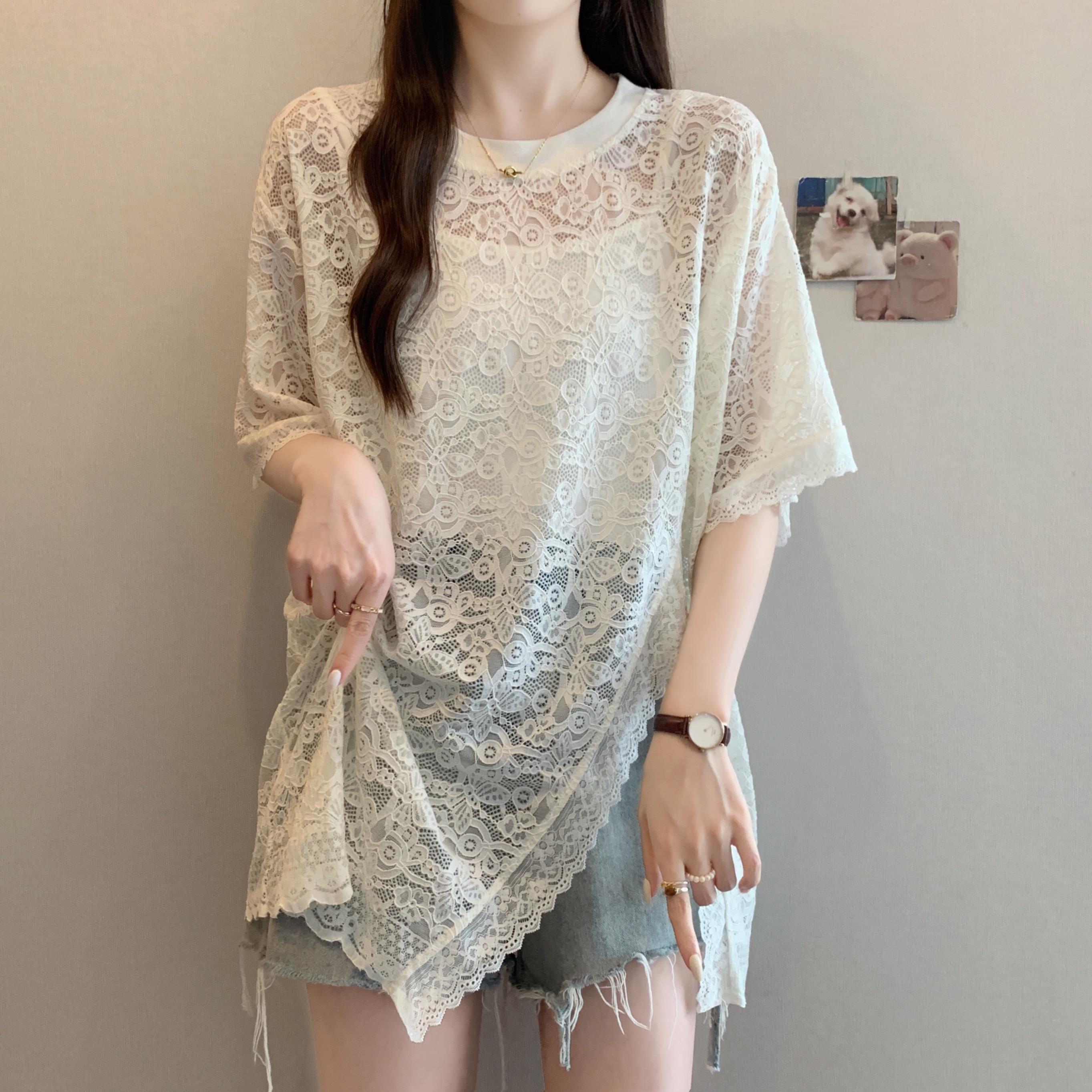 镂空提花短袖蕾丝衫大码女装胖mm2025夏季遮肚子中长开叉罩衫上衣