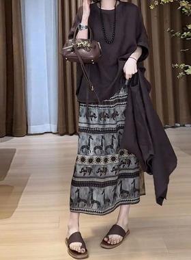 老钱风半身裙女夏季新款欧货大码胖mm高腰显瘦复古印花开叉a字裙