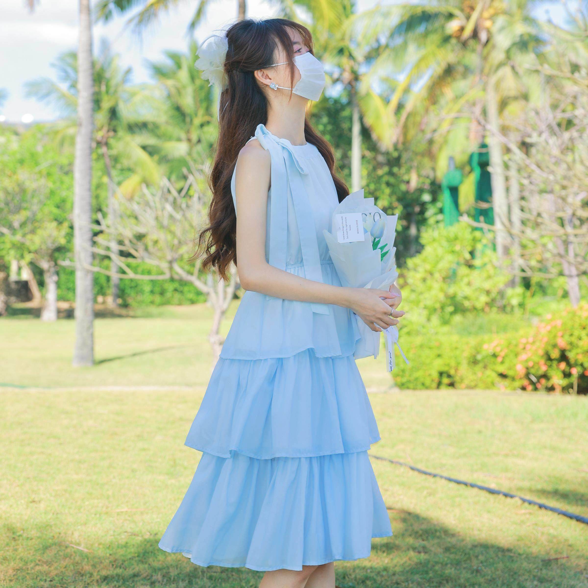 花崎鹿法式温柔系甜美减龄初恋裙女绝美女神范蓝色连衣裙银河潮汐