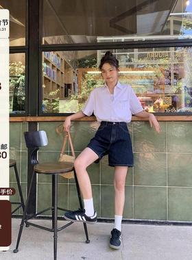 你好卡农 复古高腰牛仔短裤女2023新款深蓝色休闲阔腿直筒裤夏季