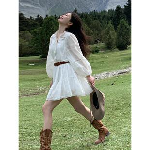 法式白色长袖连衣裙子女夏季2024新款小个子西北新疆旅游度假短裙