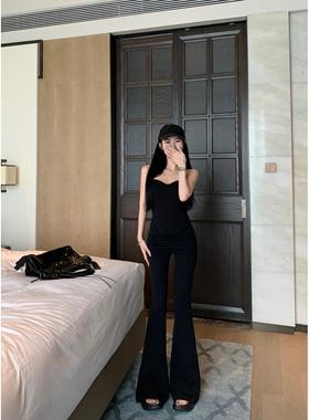 美式辣妹鱼骨修身短款抹胸背心女夏季黑色套装微喇叭休闲裤两件套