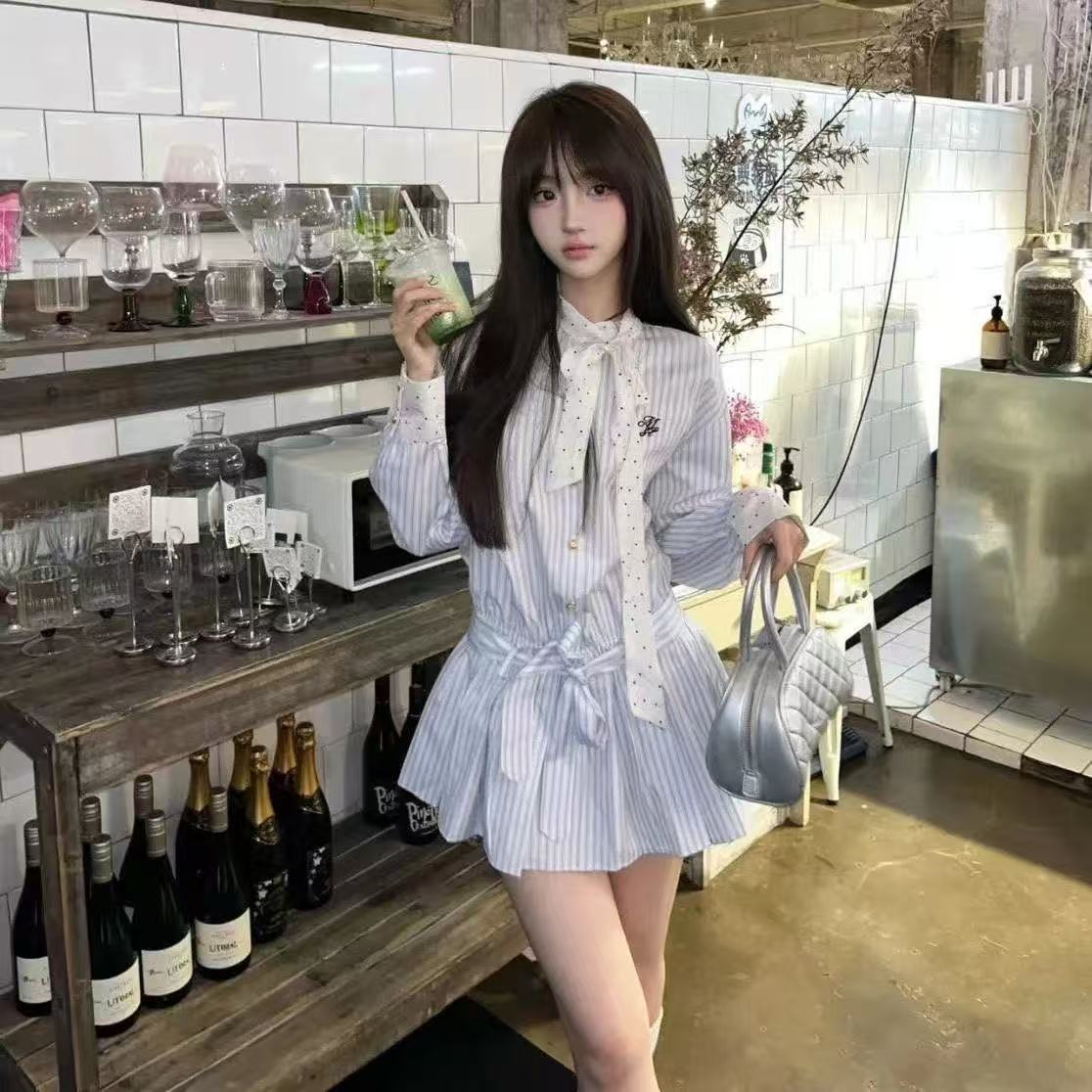 纯欲复古撞色条纹系带拼接衬衫连连衣裙