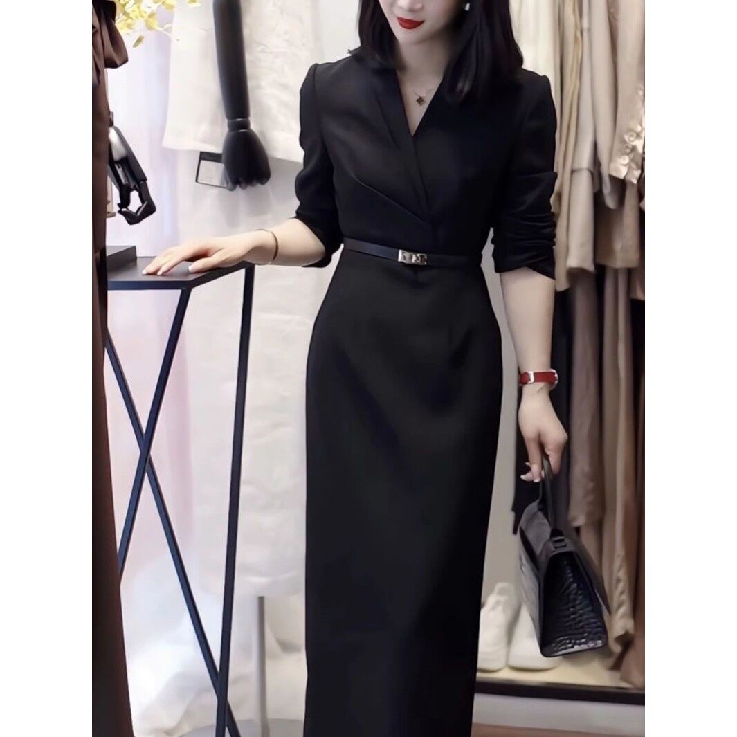 欧洲站网红爆款2025春秋高端潮流百搭洋气女士纯色长款长袖连衣裙