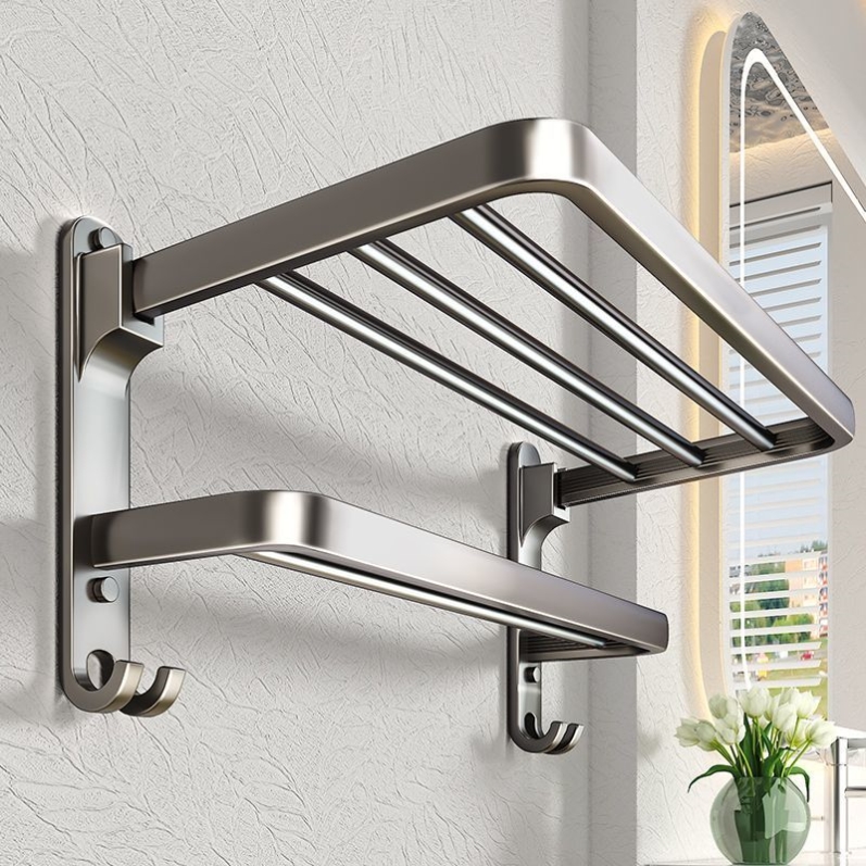 毛巾架5件套免打孔卫生间置物架壁挂式三件套厕所浴巾架双层6件套