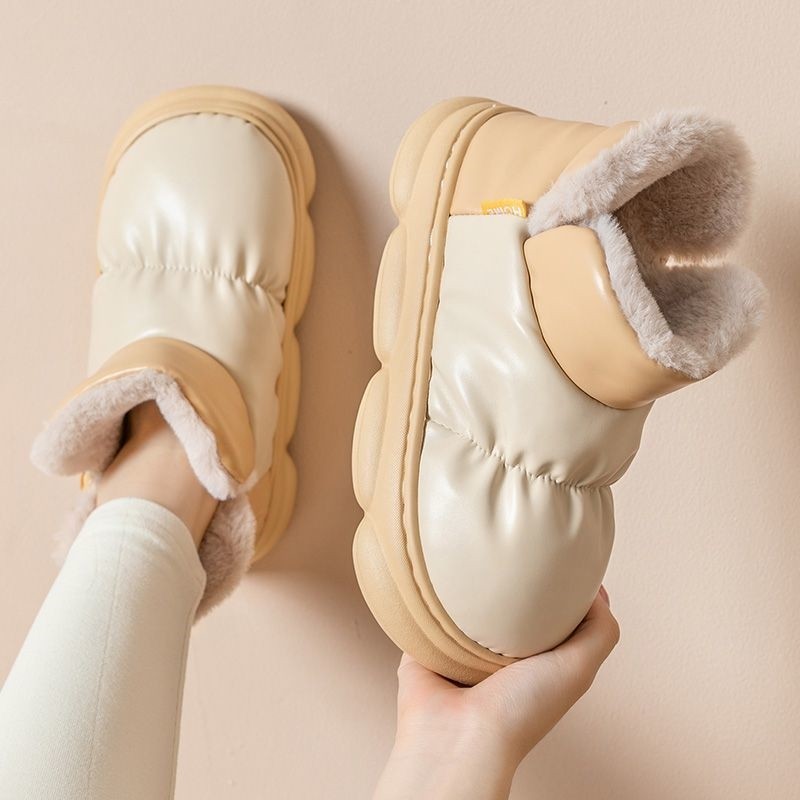 冬季保暖踩屎感高帮棉拖鞋女包跟厚底室内居家用PU皮防水月子棉鞋