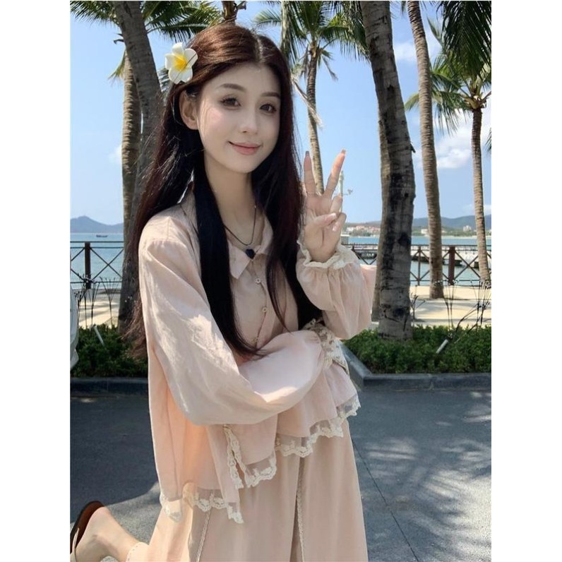 温柔风套装女春季甜美减龄蕾丝花边长袖衬衫粉色A字半身裙两件套