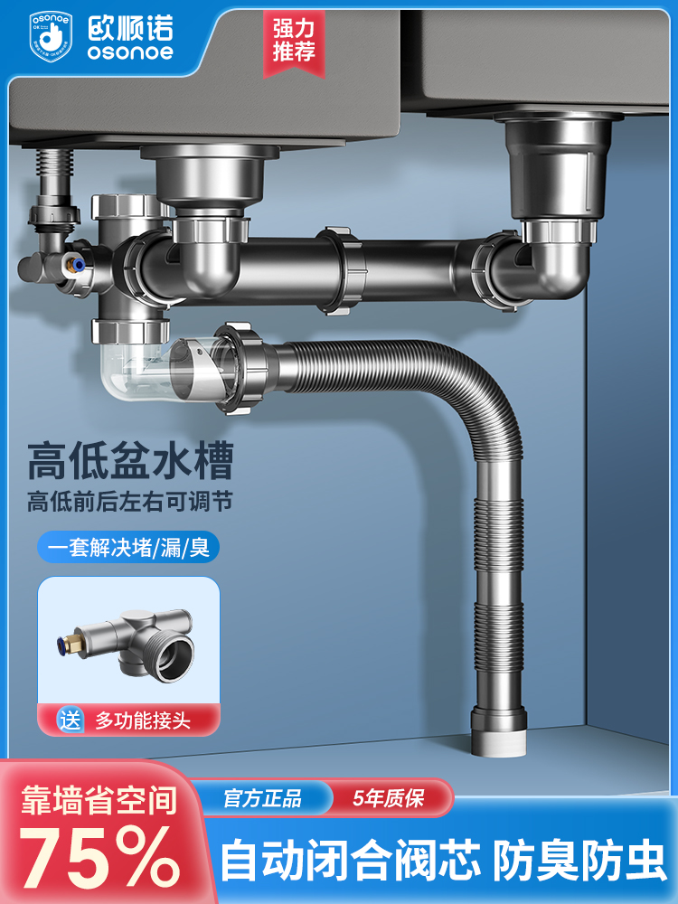 洗菜盆水池下水管配件厨房大双水槽下水器排水管套装三通防臭通用