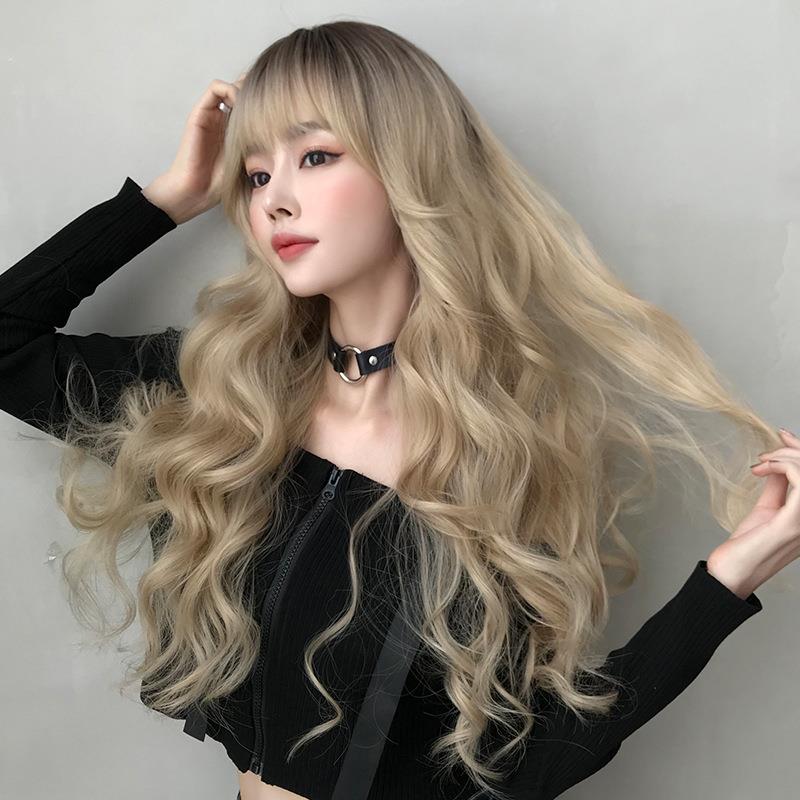 亚马逊女发新款金色大浪波假发长欧LPR美风长卷发空气刘海全头套