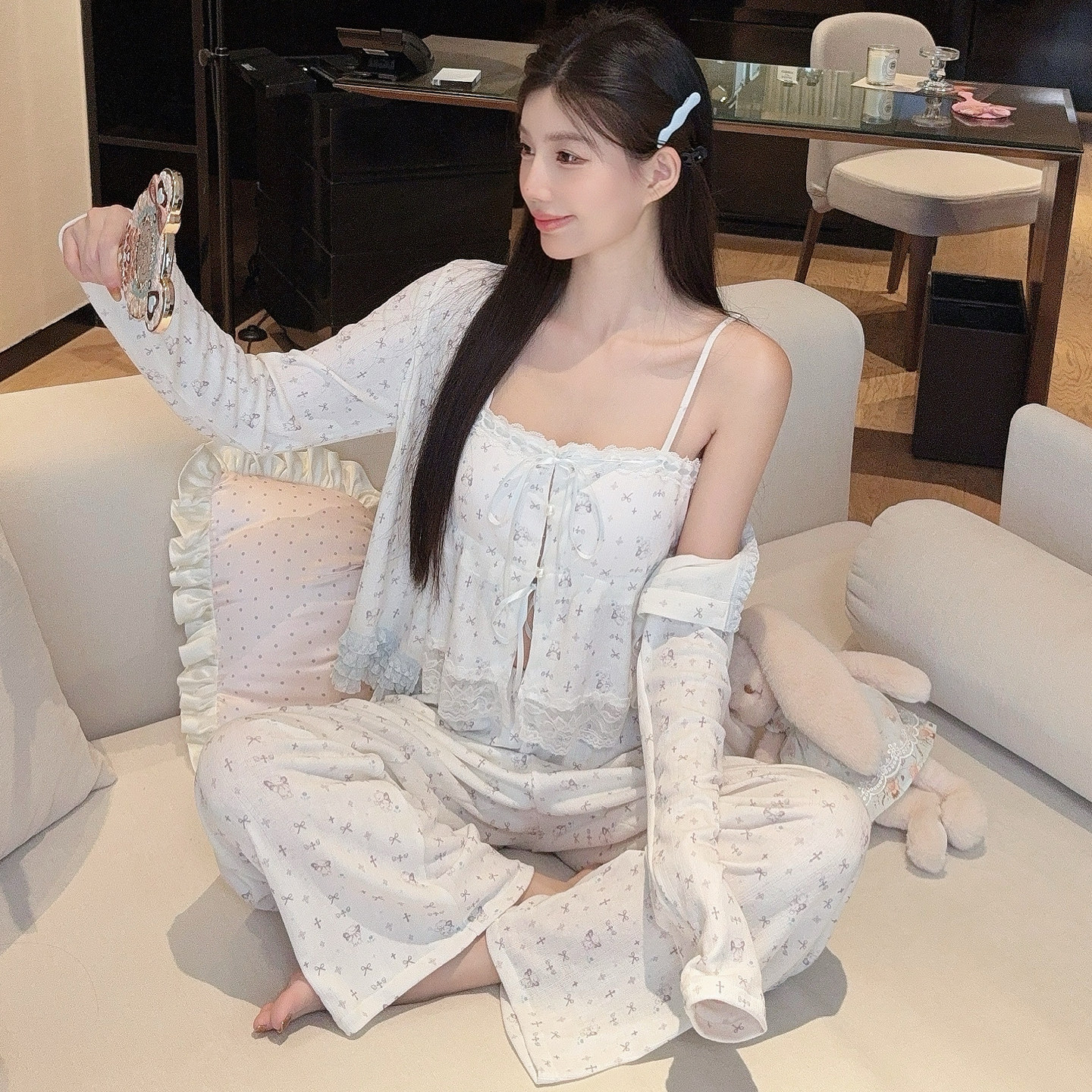 春季少女吊带三件套睡衣女带胸垫2026新款女款可爱可外穿的家居服