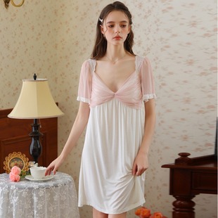 家居服夏 莫代尔睡裙短款 女士蕾丝纯欲风性感睡衣女款 2025新款 短袖