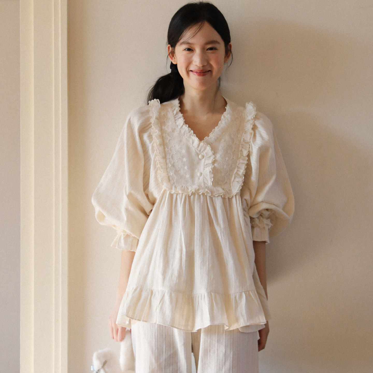 法式宫廷风睡衣女纯棉可爱公主风春秋布料100全棉女士家居服女款 - COURT原创宫廷睡衣出品