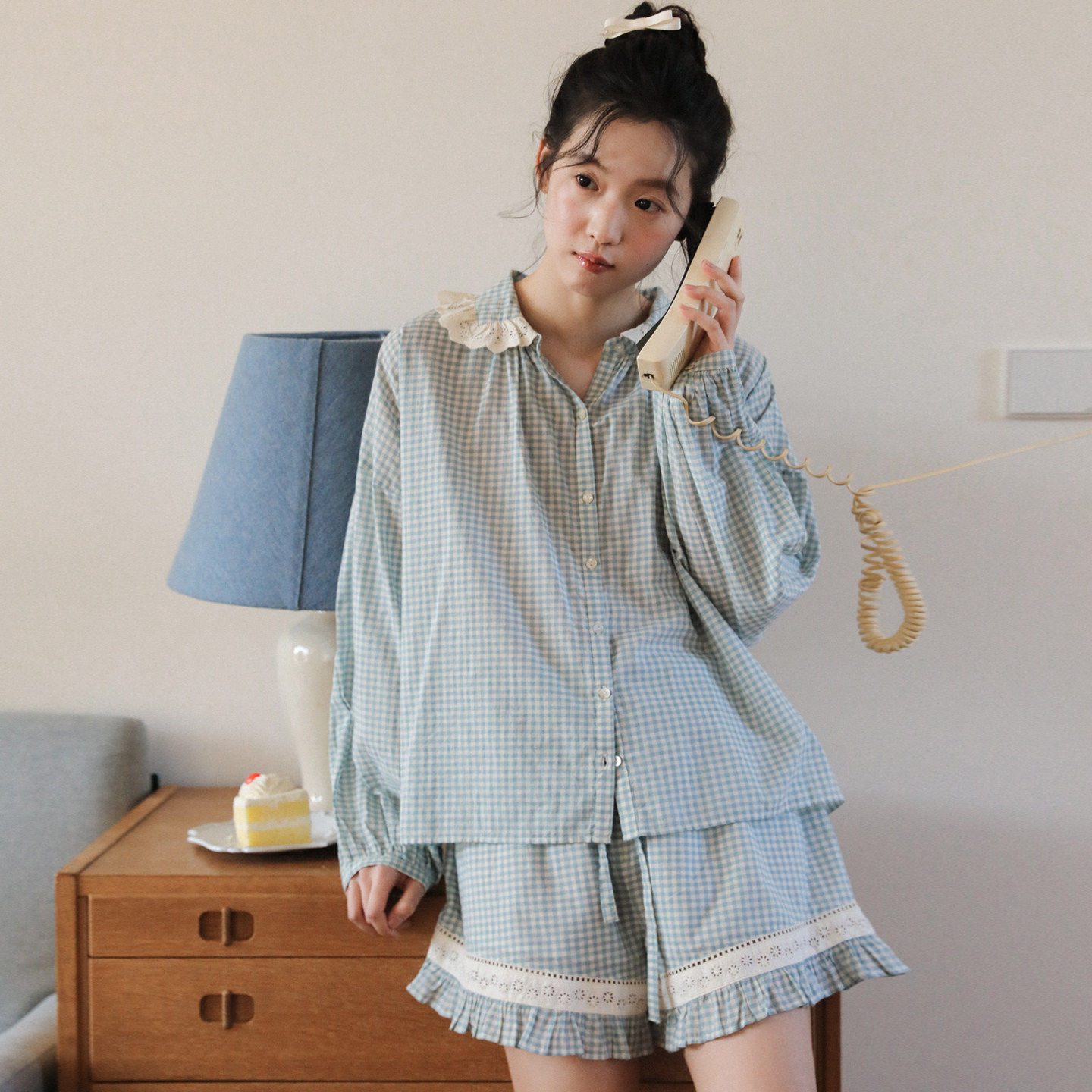 夏季女款格子纯棉睡衣女2026新款布料100全棉可外穿家居服套装夏