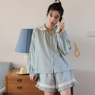 布料100全棉可外穿家居服套装 格子纯棉睡衣女2026新款 夏 女款 夏季