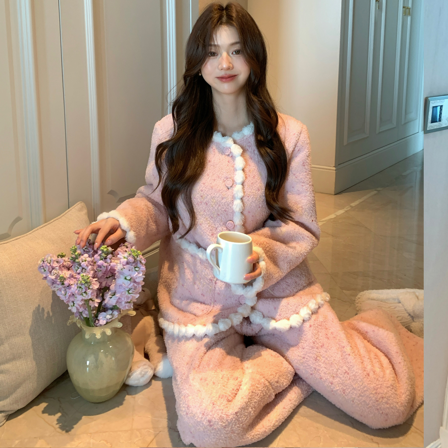 珊瑚绒甜美保暖家居服套装可外穿