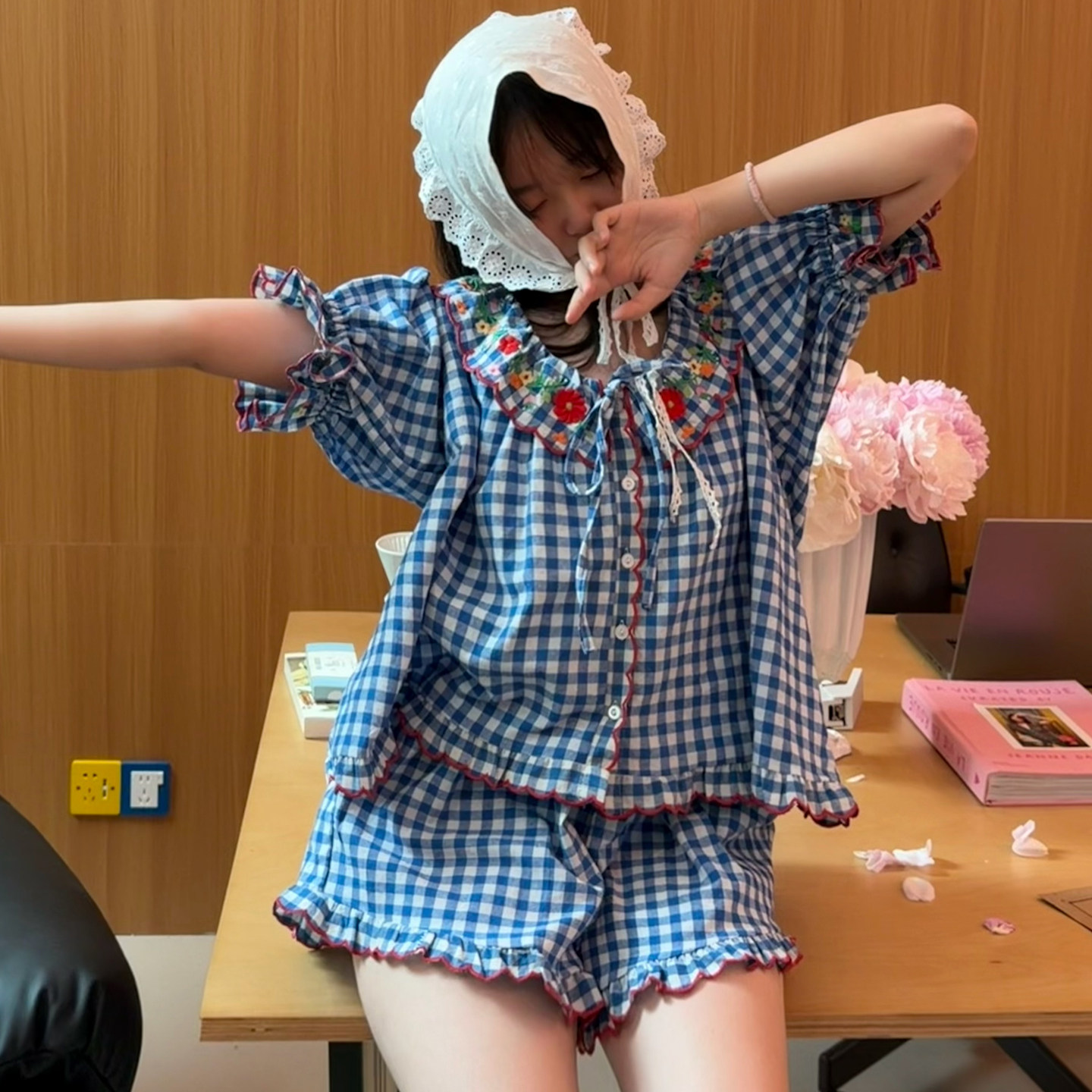 高级刺绣纯棉格子睡衣女夏季薄款2026新款短袖短裤套装全棉家居服