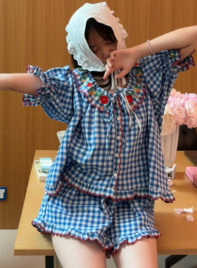 高级感刺绣格子睡衣套装夏季
