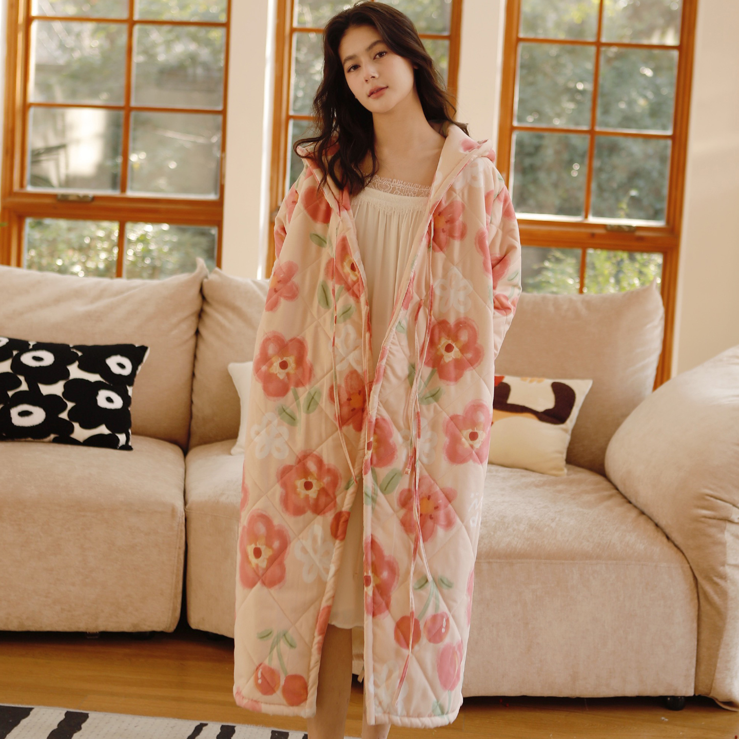 三层夹棉连帽睡袍长款可外穿