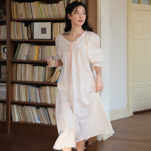 法式长袖睡裙女带胸垫纯棉2026新款夏季条纹棉纱睡衣女款长裙长款