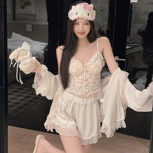 春夏季女款冰丝吊带短裤睡衣四件套女性感纯欲风带胸垫家居服套装