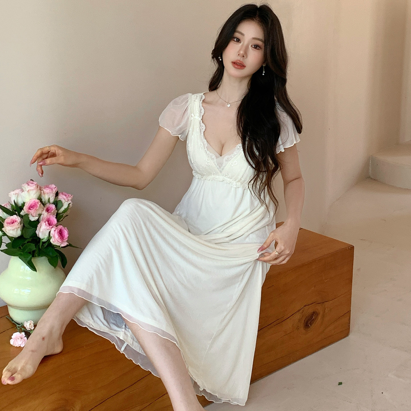 网纱睡裙女款2026新款带胸垫长款夏季女士莫代尔睡衣女性感家居服