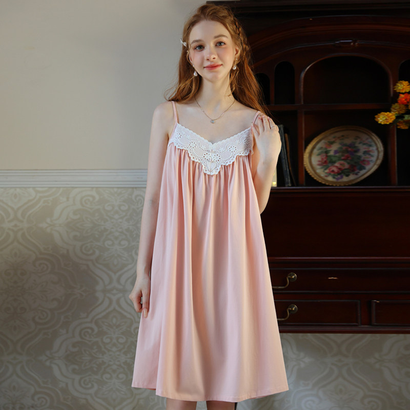 夏季薄款法式宫廷女士纯欲风睡衣女春夏性感白色吊带睡裙纯棉女款