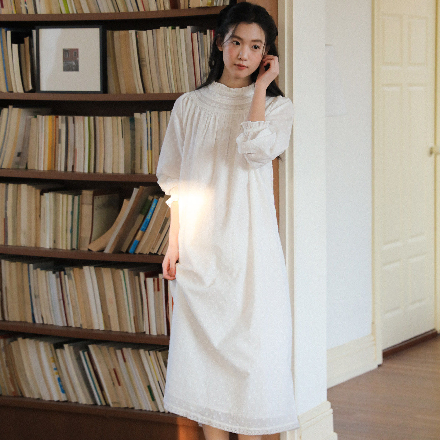 法式宫廷风长袖睡裙女款纯棉睡衣纯棉布料100全棉白色连衣裙女士