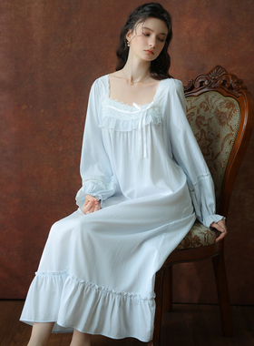 法式蓝色长袖宫廷风睡裙女款纯棉长款女士高级感睡衣女春秋家居服