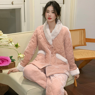 女款加厚三层夹棉睡衣女冬季2025加绒可外穿女士家居服套装高级感