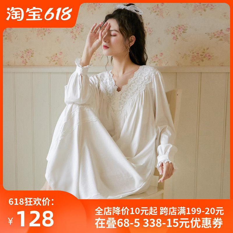 32021年长袖睡裙女夏白色纯棉法式大码公主风宫廷风夏季睡衣长款裙