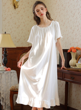 法式短袖睡裙女款纯棉高级长款公主风睡衣家居服夏季女士白色长裙