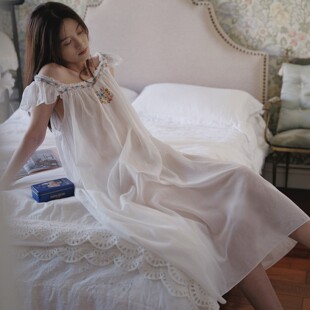 刺绣宫廷风睡衣女2026新款 法式 大码 纯棉夏季 女士吊带睡裙长款 女款