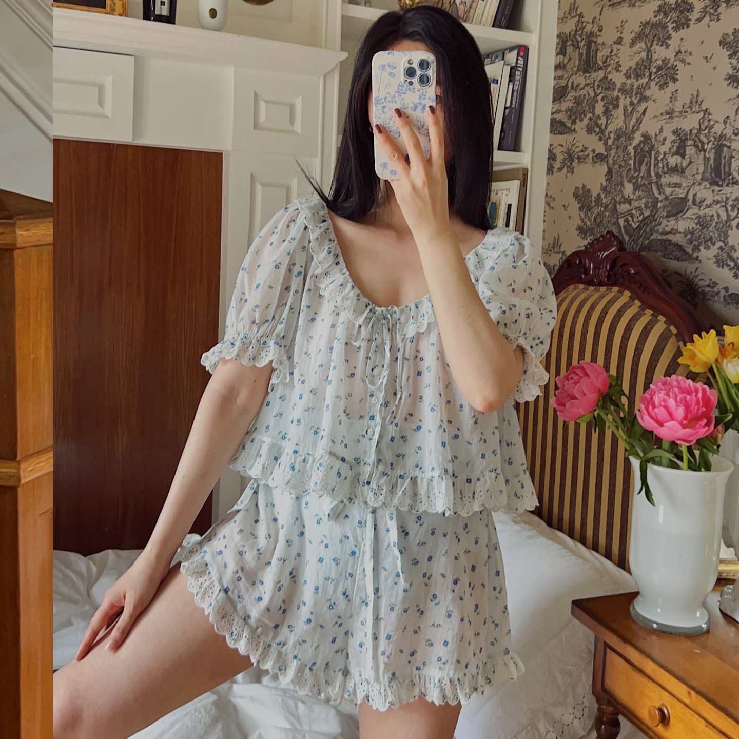 碎花纯棉短袖短裤睡衣女夏季女款2026新款可爱甜美蓝色家居服套装