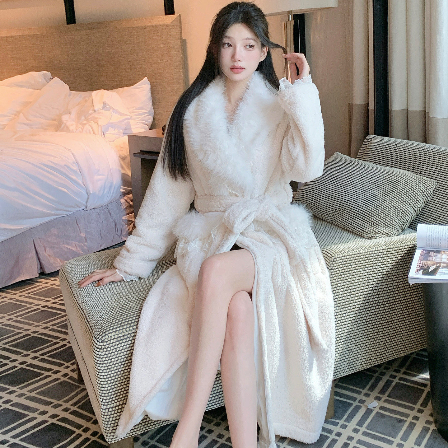 法兰绒睡袍加绒加厚浴袍长款睡裙