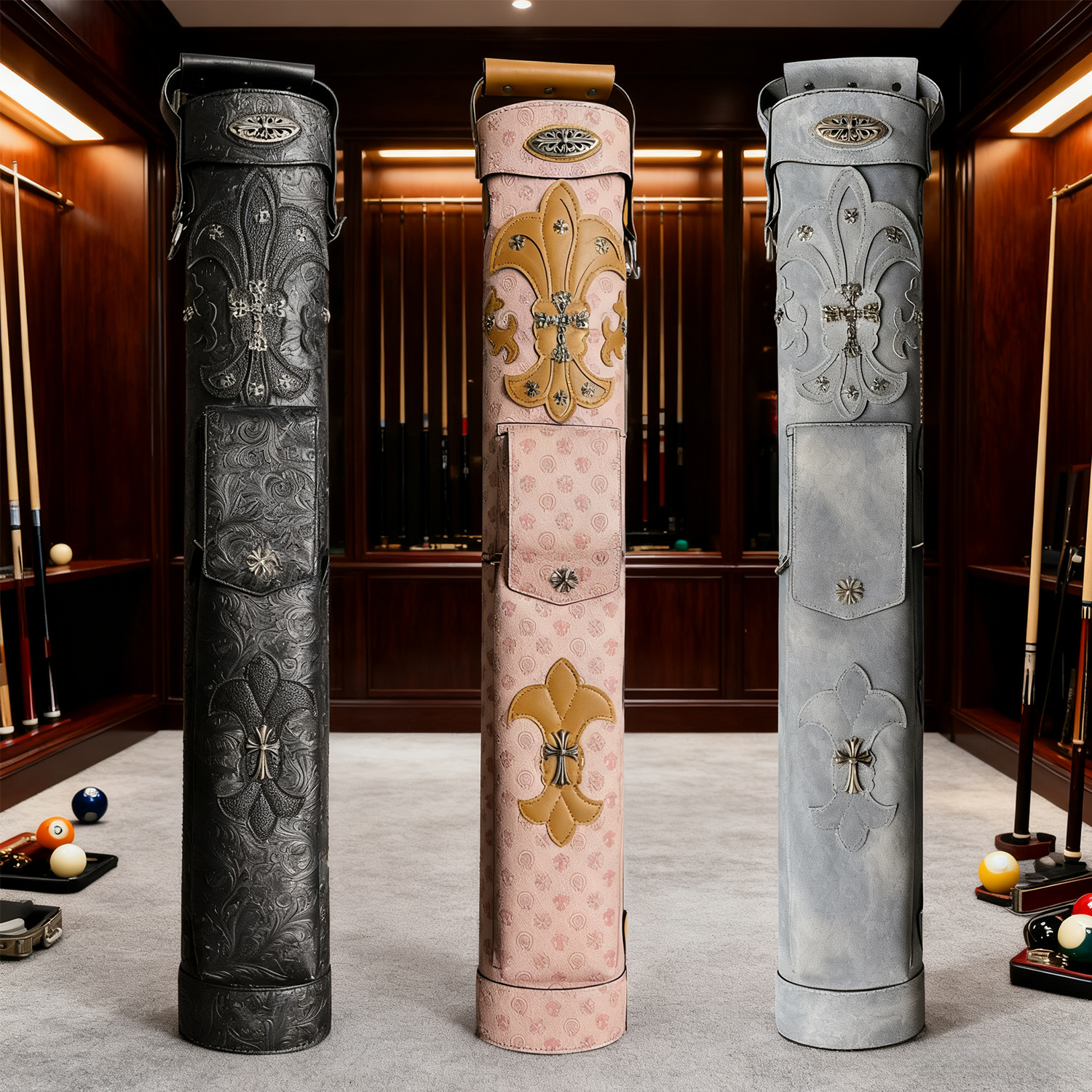 伯威7孔克罗心台球杆桶纯手工制作大头杆包大容量多孔皮质台球杆