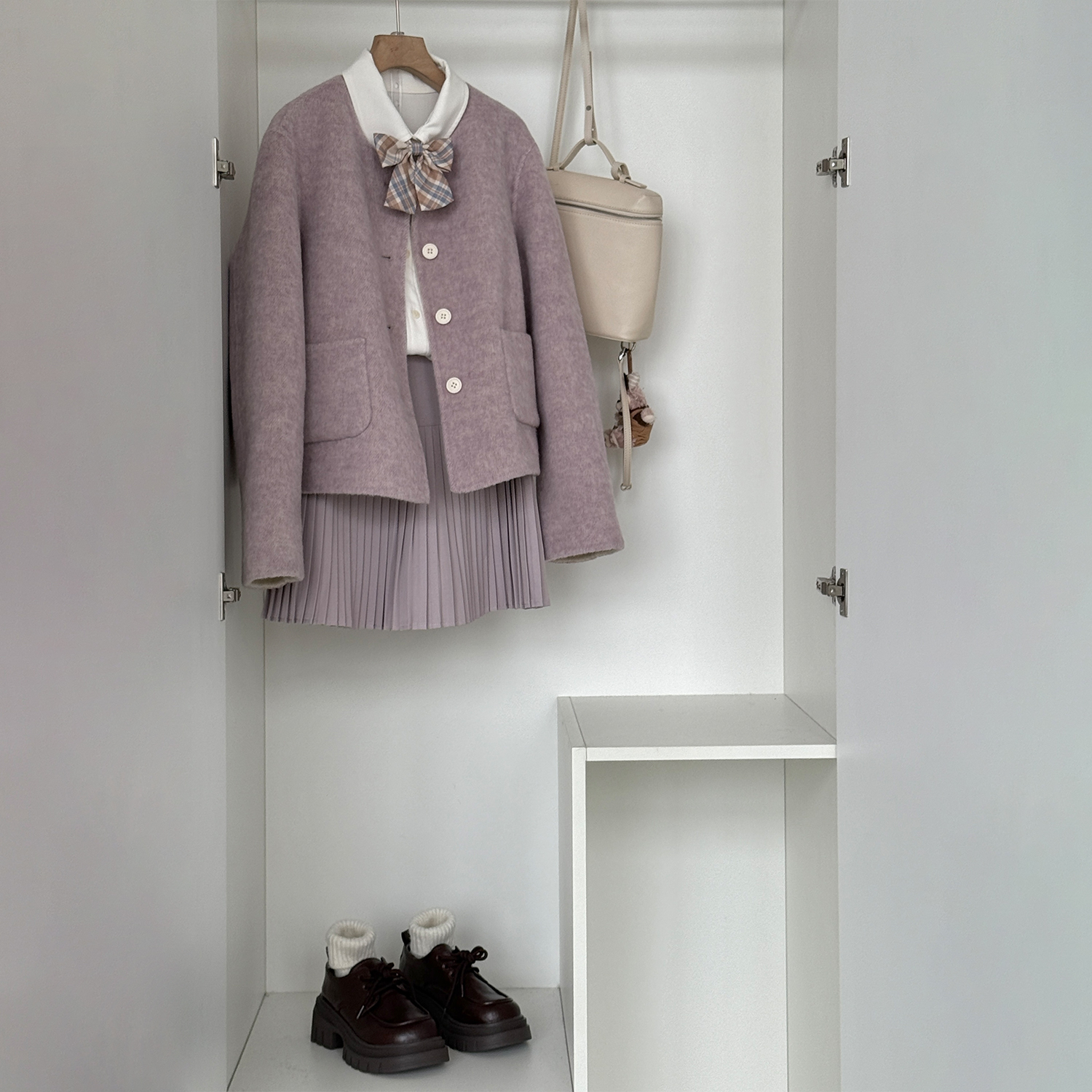 绵羊毛新款外套气质百搭通勤休闲短小香风芋泥紫色小个子大衣HL89