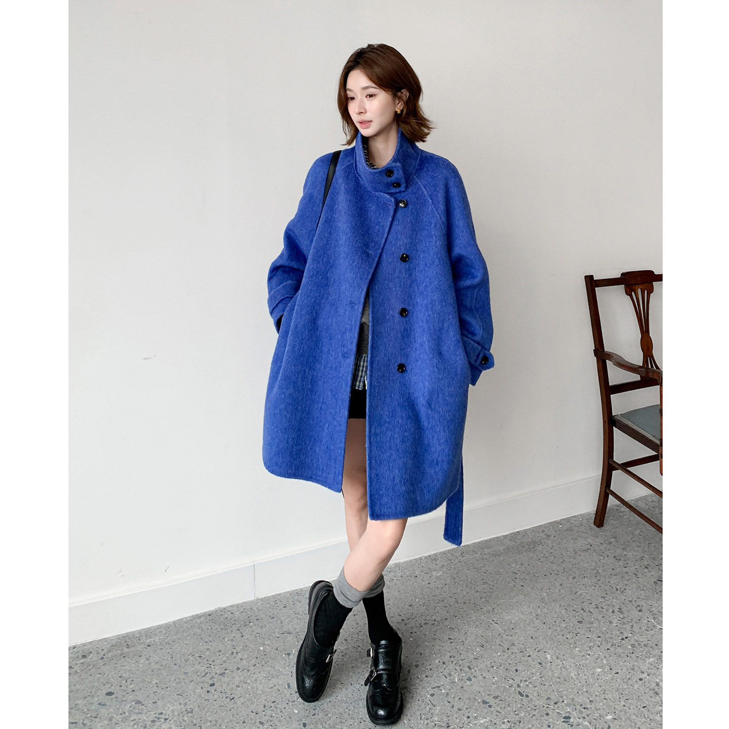 韩版高级感立领保暖通勤百搭毛呢外套女中长款宽松显瘦大衣FS011