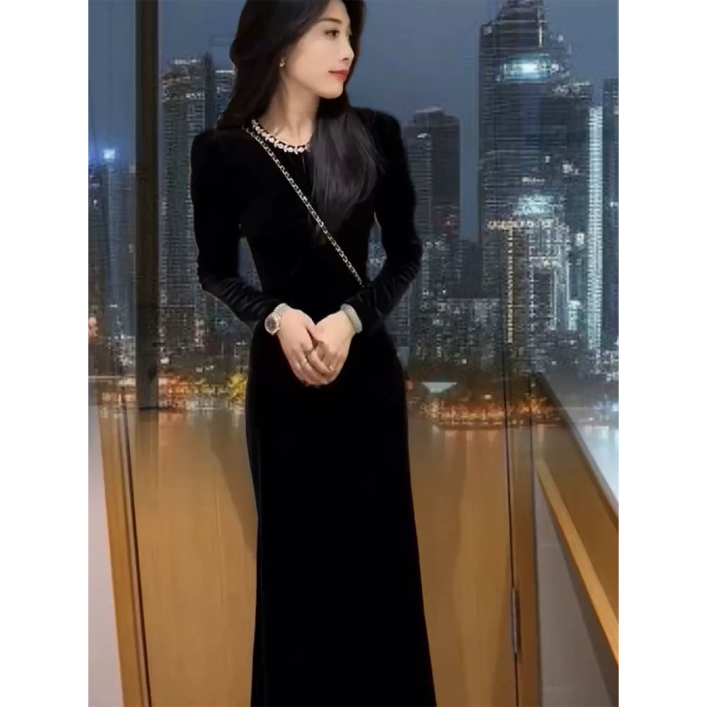 大码法式轻奢黑色丝绒连衣裙