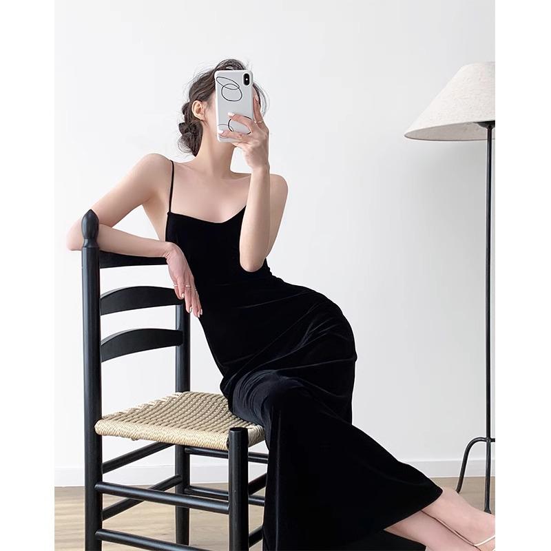 大码法式复古丝绒吊带连衣裙