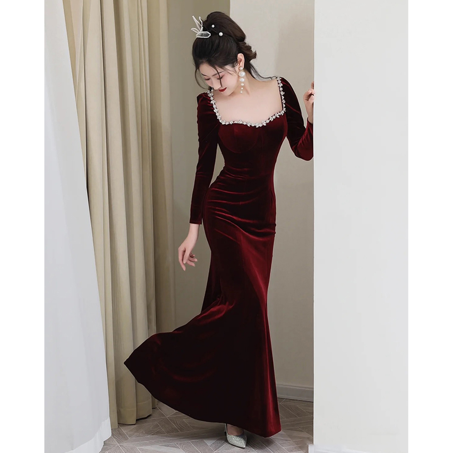 大码女装复古优雅风丝绒鱼尾晚礼