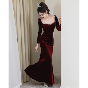 大码 复古优雅风丝绒鱼尾晚礼服收腰敬酒服宴会气质名媛连衣裙 女装
