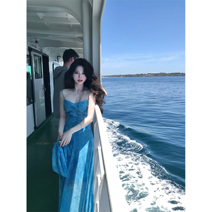 复古气质设计感吊带连衣裙蓝色雪纺收腰显瘦绝美长裙 法式 大码 女装