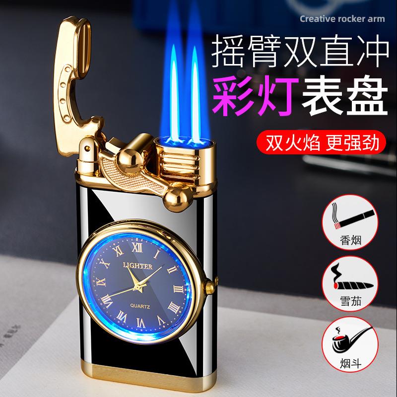 HF615A新款双直摇臂带表冲防风充气打火机真表盘直冲蓝焰创意便携