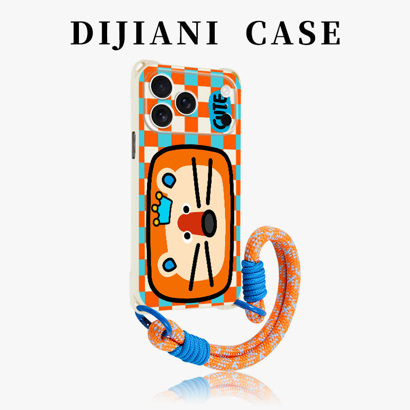 格纹狮子斜挎手机壳带挂绳