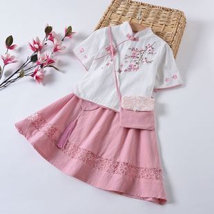 小童汉服女童古装儿童古风连衣裙中国风宝宝短袖棉麻儿童春装套装