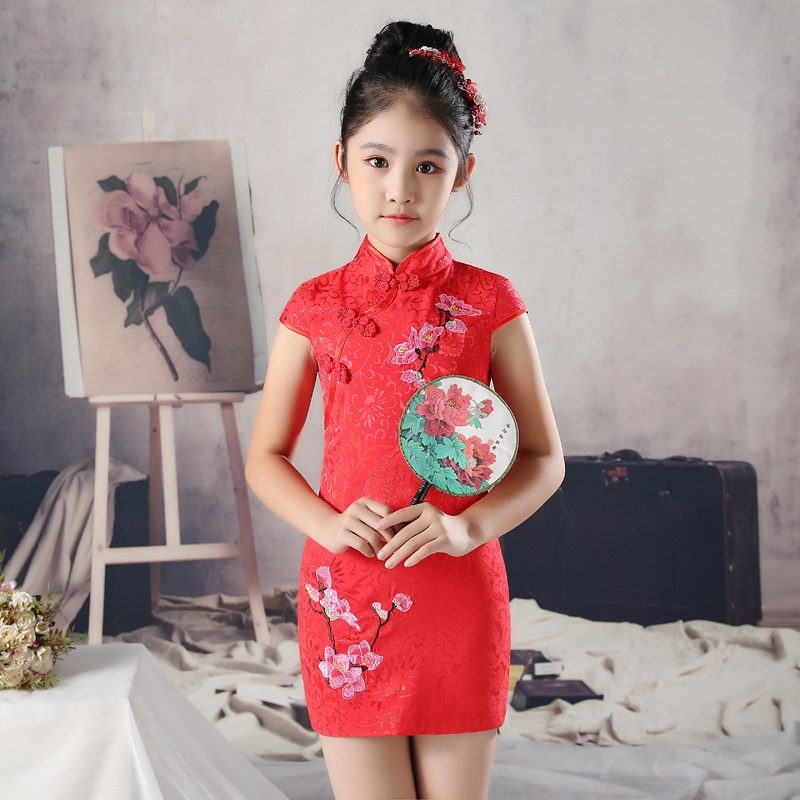 女童旗袍儿童唐装红色中式连衣裙复古中国风小女孩古筝演出服夏季