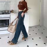 MC206-P58时尚宽松牛仔裤女2023新款双层毛边高腰修身显瘦直筒裤，女装牛仔裤，星座1611A