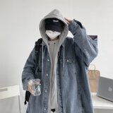 MC128-P73假两件牛仔外套男高街潮牌小众设计感夹克美式连帽上衣，男装夹克，星座1611A